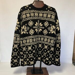 J. Crew Black and Cream Patterned Crewneck Sweater